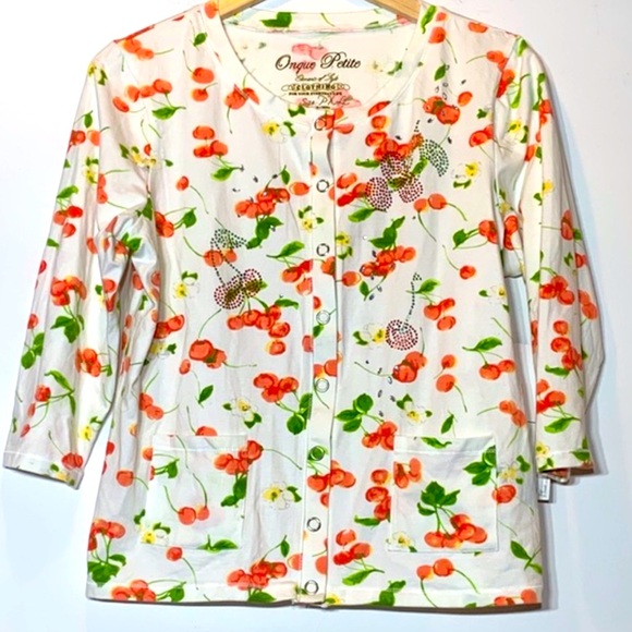 Onque Casuals White Rhinestone‎ Cherry Print Snap Button Cardigan - Picture 1 of 3